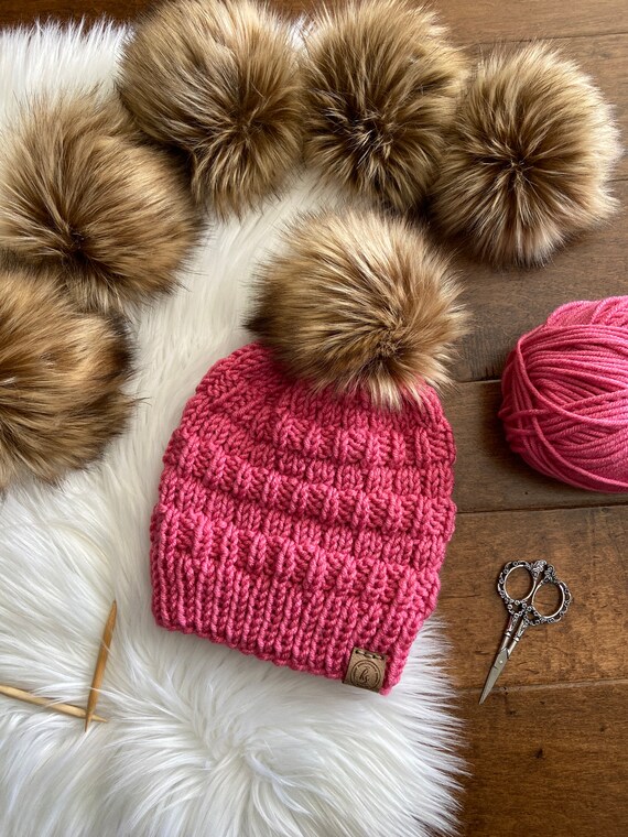 Fur Pompom Beanie Hat Knitting Pattern