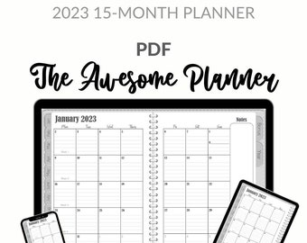 Digital Planner - 2023 PDF Version Awesome Planner - Gray - 15 Month Digital Planner for GoodNotes, Noteshelf, ZoomNotes, XODO, Metamoji