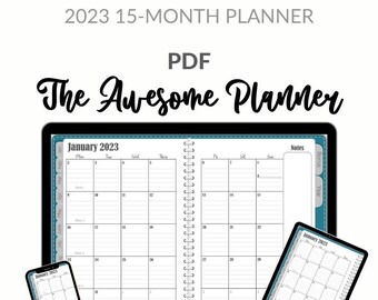 Digital Planner - 2023 PDF Version Awesome Planner - Teal - 15 Month Digital Planner for GoodNotes, Noteshelf, ZoomNotes, XODO, Metamoji