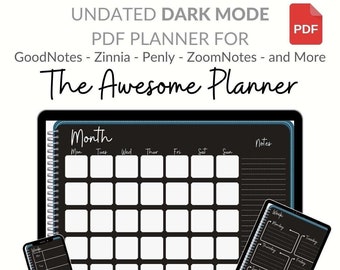 Digital Planner - Undated Dark Mode Awesome Planner - Teal - for GoodNotes, Noteshelf, ZoomNotes, XODO, Zinnia