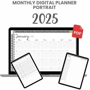 May include: A digital planner for 2025 with a monthly calendar view, a to-do list, and a notes page. The planner is displayed on a laptop screen with a PDF icon in the corner.