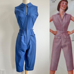 Rare 1950s Cotton “Solartogs” by Princess Peggy Jumpsuit PlaySuit One Piece Capris Blue Metal Zipper Down Romper XS S