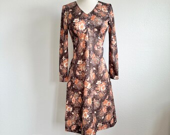 Vintage 1970’s Floral Short Dress Brown Flowers Polyester Long Sleeves Small