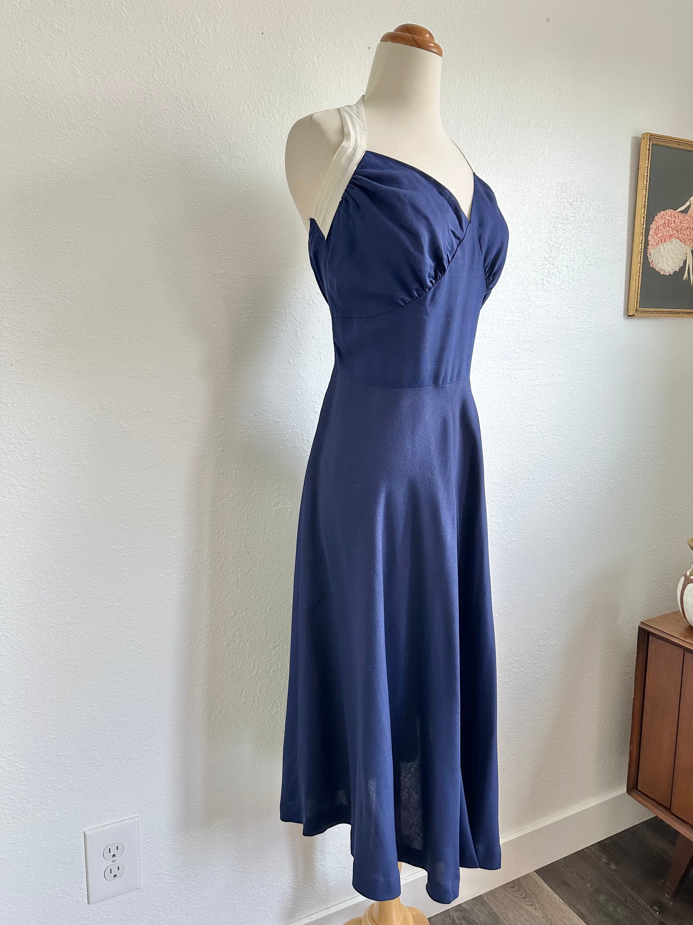 1950s 1960s Navy Blue and White Linen Halter Dress Fit and Flare ...