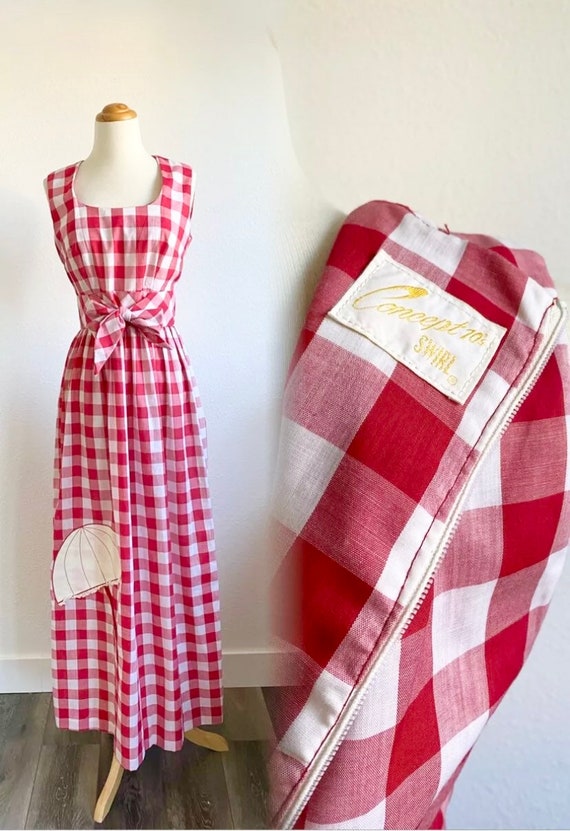 1970’s Concept Swirl Red Plaid Maxi Dress Umbrell… - image 1