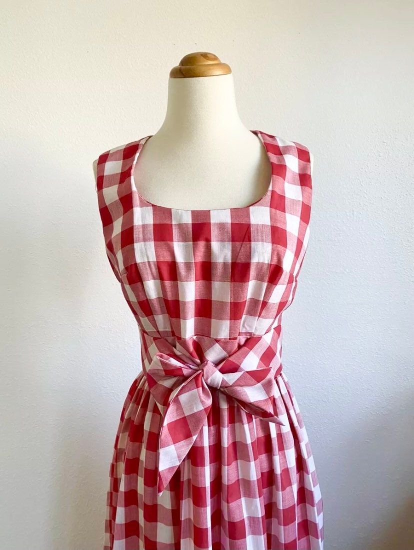 1970s Concept Swirl Red Plaid Maxi Dress Umbrella Appliqué Small bin 2 ...