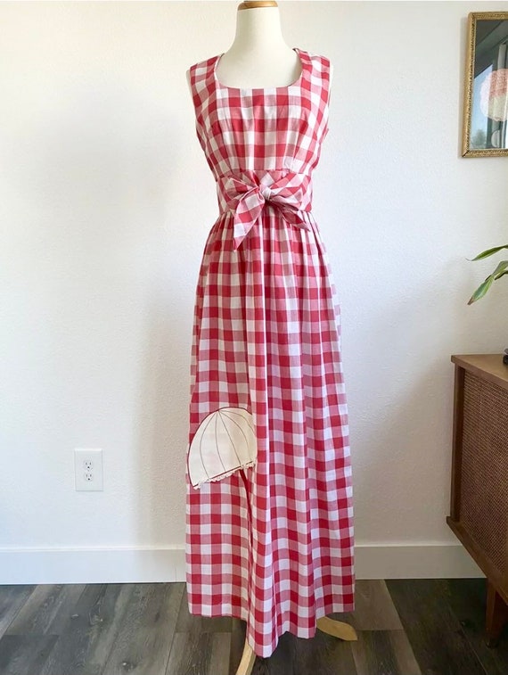 1970’s Concept Swirl Red Plaid Maxi Dress Umbrell… - image 2