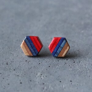 Hexagon Skateboard Stud Earrings BLUE RED