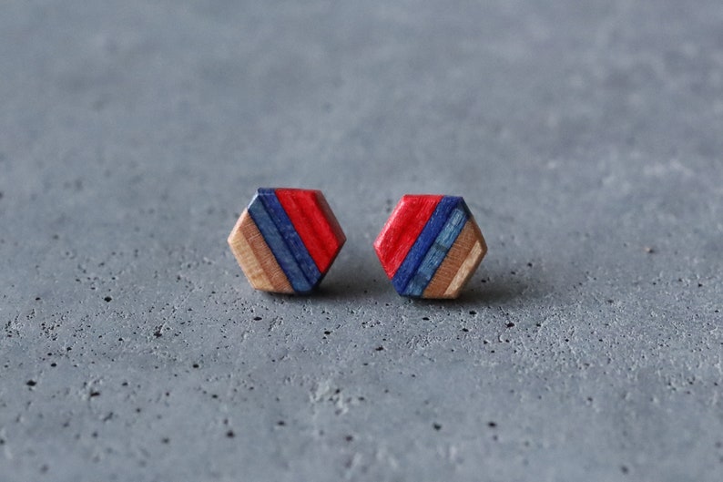 Hexagon Skateboard Stud Earrings BLUE RED