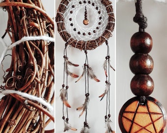 Natural Dream Catcher real wood wreath door hanging feather beaded pentacle altar decoration tool protection