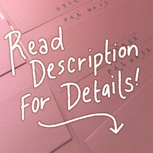 May include: A collection of dusty rose pink rectangular cards arranged in a grid pattern. The text "Read Description For Details!" is written in a white, hand-drawn style font across the center, accompanied by a white arrow pointing downward.