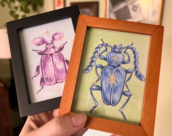 Beetles (ORIGINAL PAINTINGS) Mini Gouache Paintings, Framed