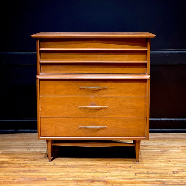 Kent Coffey "Foreteller" Mid Century Modern Walnut and Brass Highboy Dresser Chest of Drawers