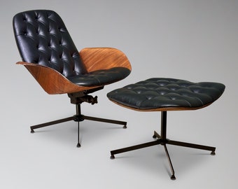 Restored Plycraft Mrs. Chair and Ottoman by George Mulhauser - Mid Century Modern Bent Wood Walnut Lounge Chair Set