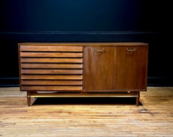 Vintage American of Martinsville Dania Six Drawer Walnut Lowboy Dresser by Merton Gershun - Mid Century Modern Credenza Sideboard Console