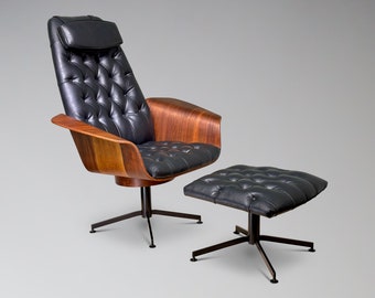 Restored Plycraft Chair and Ottoman by George Mulhauser - Mid Century Modern Bent Wood Walnut Lounge Mr. Chair