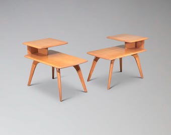 Vintage Heywood Wakefield M 308 G Maple Step End Tables Pair | Champage Finish Wishbone Legs | Mid Century Modern MCM