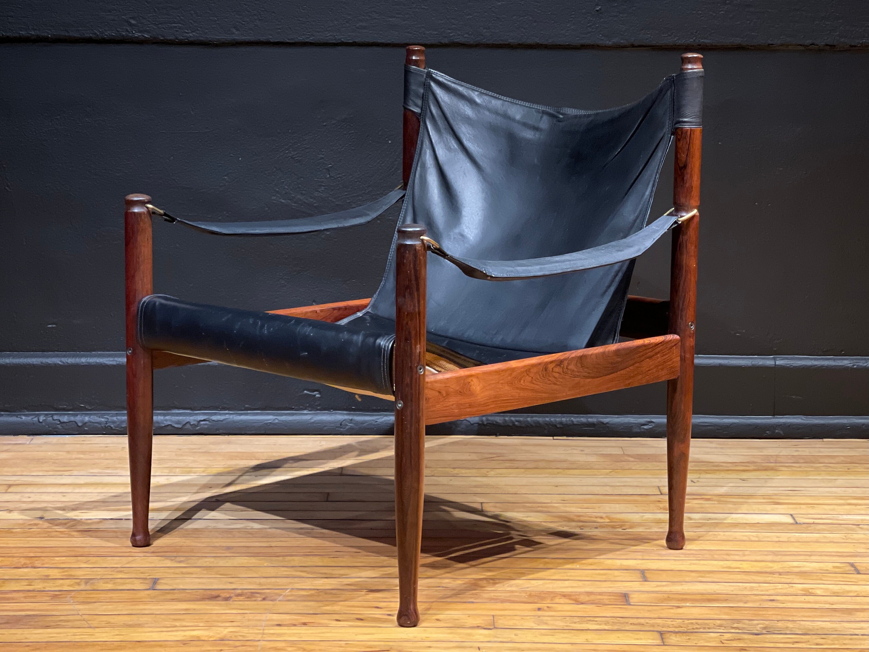 Vintage Danish Rosewood and Black Leather Sling Chair by Eric