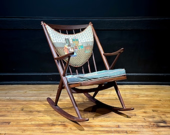 Vintage Danish Teak Rocker by Frank Reenskaug for Bramin - Mid Century Modern Scandinavian Rocking Chair w/ Needlepoint Cushions