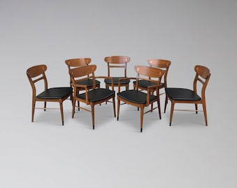 Restored Lane Acclaim Walnut Dining Chairs Set of 7 - Mid Century Modern Danish Scandinavian Style Furniture