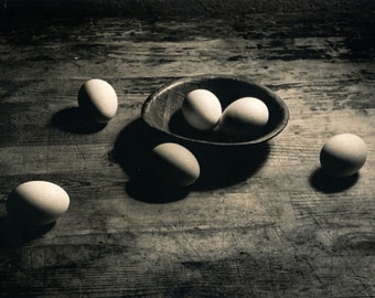 still life with eggs. Black and white silver gelatin print 8x10" split sepia toned