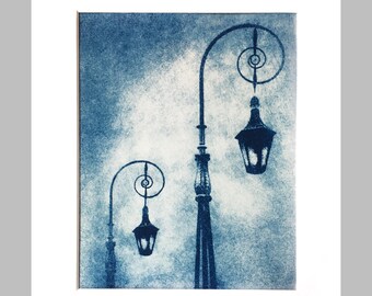 Lamp posts ,cyanotype print 8x10 inches on picture mat 11x14 inches