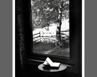 Book at the window. Silver gelatin black and white print 8x10 inches