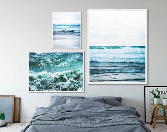Ocean waves photography 3 print set. Natural, beach photo triptych. Scandinavian, minimal, modern, hygge, multi pack set of three decor.