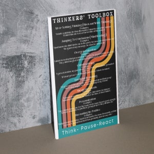 May include: A colorful poster with a black background and a white title "Thinkers' Toolbox". The poster lists common thinking traps with examples for each. The poster is designed with a retro style and features a rainbow-colored curved line.