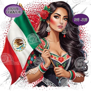 Pode incluir: Uma mulher com cabelo comprido e preto e uma flor vermelha no cabelo está segurando uma bandeira mexicana. Ela está vestindo um vestido tradicional mexicano com bordados vermelhos, verdes e brancos. O fundo é um padrão grunge vermelho, branco e preto.
