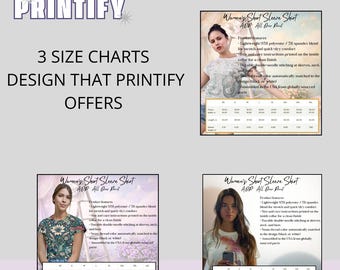 Printify Damen Kurzarm-Shirt AOP Größentabelle Zoll 3 Diagramme 3 Farb Vibe Design 2000px POD Etsy Verkäuferwerkzeuge Produkt Info Blatt