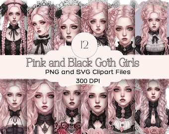 PNG clip art bundle 12 High Res SVG Pink and Black Goth Girl Junk Journal Comericial License  Digital Download POD Pastel Goth 300 dpi