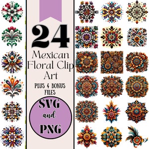 28 mexikanische Blumen Motiv Bundle SVG und PNG Dateien, mexikanische Blumen digitaler Download Sublimination lebendige Volkskunst, mexikanische Hispanic Clip Art