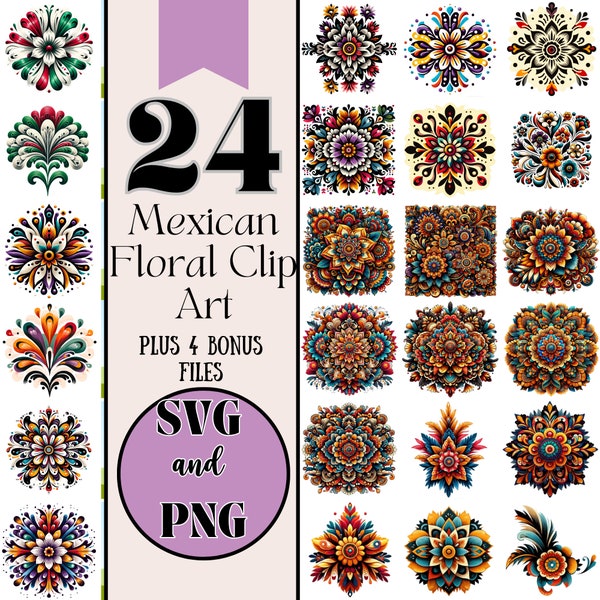 28 Mexican Flower Motif Bundle SVG and PNG Files, Mexican Floral Digital Download Sublimination Vibrant Folk Art, Mexican Hispanic Clip Art