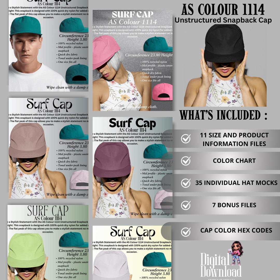 AS Colour 1114 Unstructured Snapback Surf Cap Size Chart Bundle ...