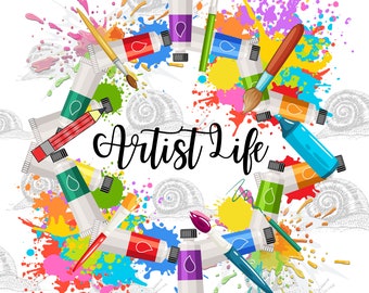 May include: A colorful illustration of paint tubes, brushes, pencils, and paint splatters. The text "Artist Life" is written in a stylized font. The background is white with a pattern of snail shells.