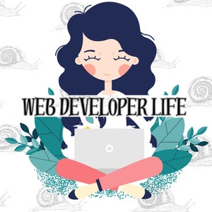 May include: Illustration of a woman sitting cross-legged with a laptop on her lap. She has dark blue hair and is wearing a white shirt, pink pants, and black shoes. The text "WEB DEVELOPER LIFE" is written in black letters above her. The background is white with a pattern of gray snails.