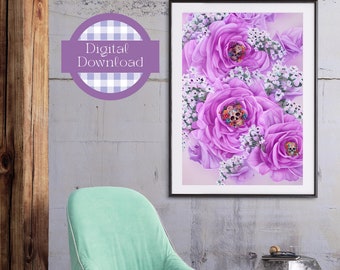Digital Print Wall Art Printable Sugar Rose Skull Pop Art Wall Décor Wall Hanging Digital Print 4 PDF Multiple Sizes CMYK Color Profile
