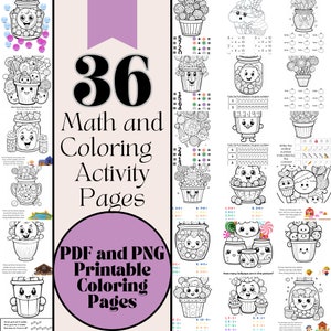 Può includere: Un set di 36 pagine da colorare stampabili che presentano illustrazioni in bianco e nero di barattoli pieni di caramelle, lecca-lecca e altri dolcetti. Ogni pagina include un semplice problema di matematica da risolvere per i bambini.