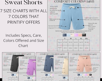 Printify Fullfill engine Comfort Colors® 1468  Sweat Shorts Size Chart Inches 6 charts 6 colors design 2000px  POD Printify Early Access