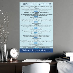 May include: A colorful poster with the title "Thinkers' Toolbox" and a list of common cognitive distortions with examples. The poster is on a desk with a clock and books.