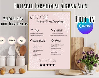 Editable Farmhouse Airbnb Welcome Sign, Wifi, House Rules (Canva Template)