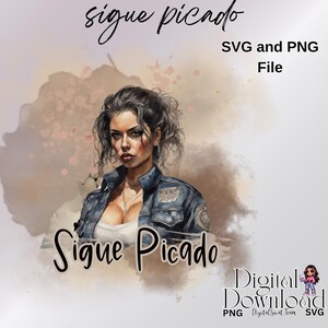 May include: A digital download of a watercolour illustration of a woman with dark hair and a denim jacket. The text "Sigue Picado" is written in a stylised font below the woman. The text "Digital Download" is written in a white box with a pink border below the woman.