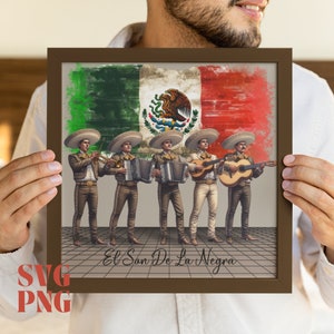 Könnte beinhalten: Ein gerahmter Druck mit einer Aquarell-Illustration von fünf Musikern, die vor einer mexikanischen Flagge Instrumente spielen. Die Musiker tragen traditionelle Mariachi-Kleidung und der Text "El Son De La Negra" befindet sich am unteren Rand des Drucks.