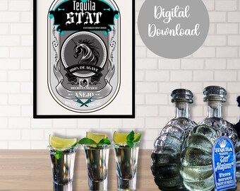 Bar Cart Printable Wall Art SVG PNG JPEG 3:4 Ratio Tequila Stat Teal & Black Bar Cart Sign Digital Art Print Printable Art Sublimination