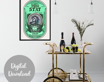 Tequila Bar Cart Art Print: Green Tequila Label (Digital Download)