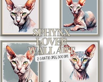 Arte de pared digital Decoración de pared de gato Sphynx Gato Sphynx Arte de pared único Impresiones de gatos Amante de los gatos Gato sin pelo Descargas digitales JPEG Señora de los gatos