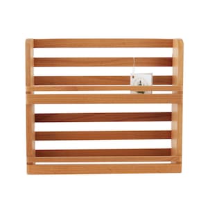 May include: A two-tiered wooden shelf unit with a natural wood finish. The shelf is designed for wall mounting and has a simple, rustic style.