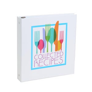 May include: A white binder with a colorful design featuring silhouettes of utensils. The design includes forks, spoons, and a knife in shades of pink, purple, green, orange, and yellow. The words "COLLECTED RECIPES" are printed below the utensils.