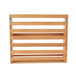 May include: A wooden wall-mounted shelf with five horizontal shelves and metal hooks on the sides. The shelf is made of natural wood and has a light brown finish.